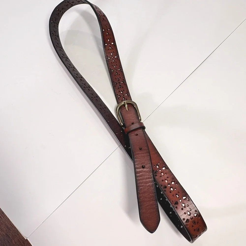 Womens Brown Leather Cutout Belt‎ Large Brass Buckle Boho Western Rustic Cowgirl